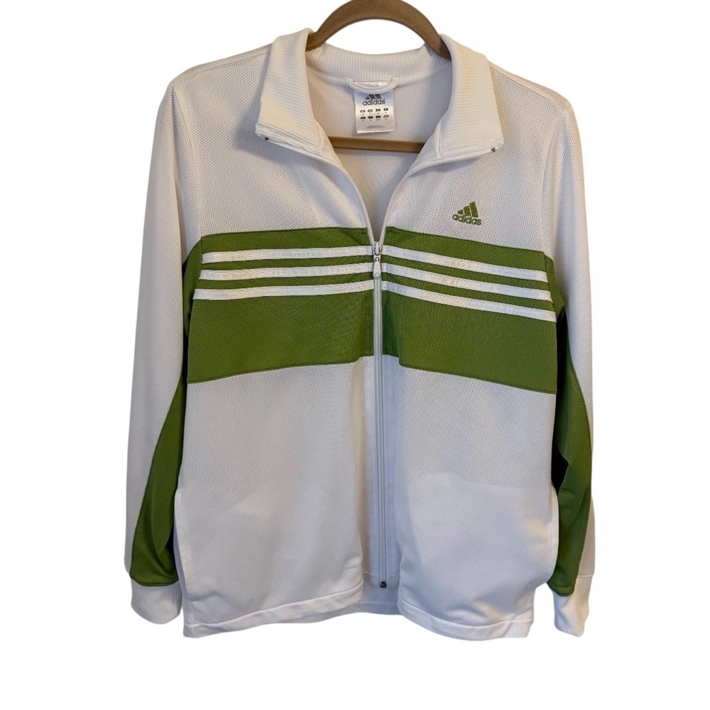 Adidas Womens Track Jacket 3 Stripe Green White Full Zip Pockets Lined Sz Large